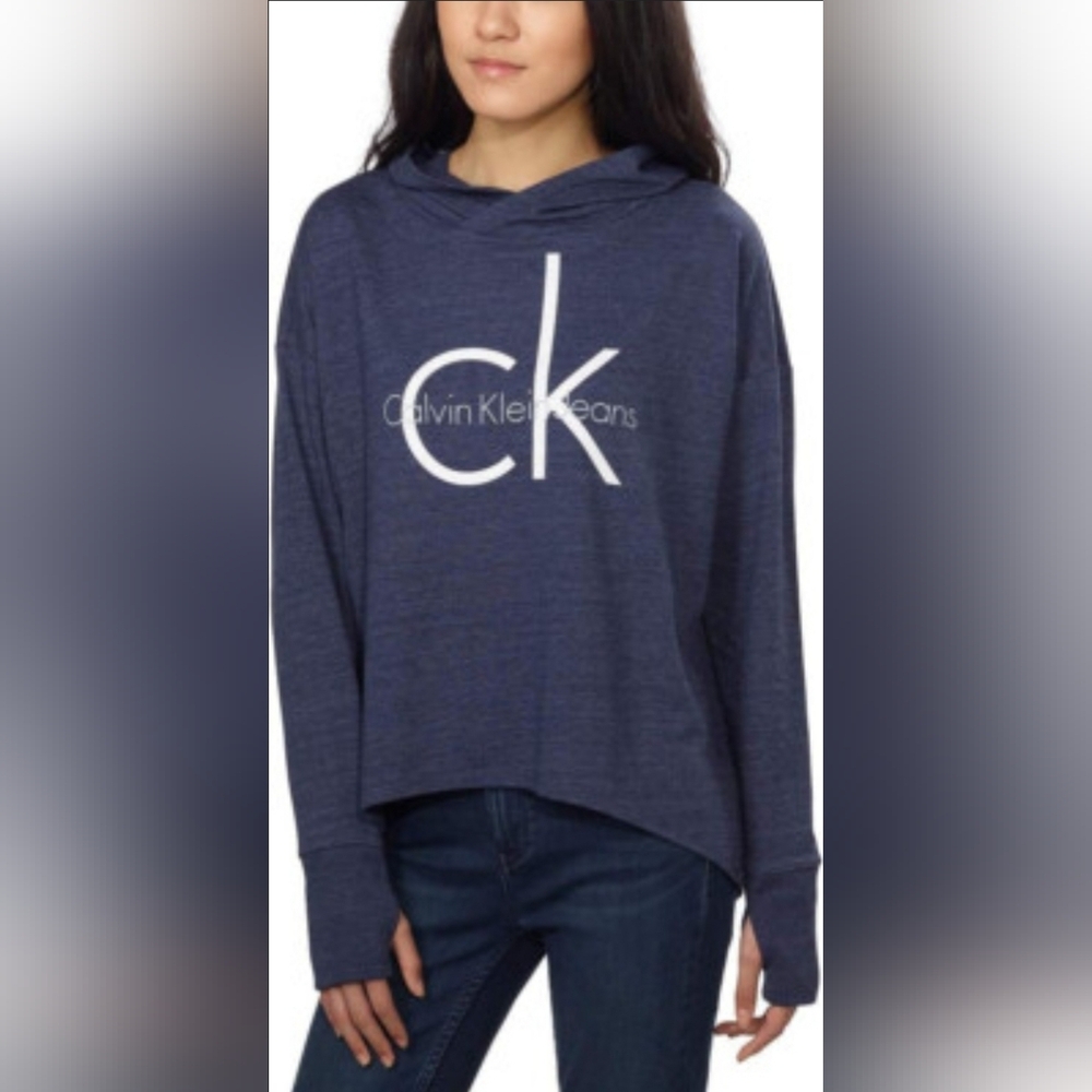 Calvin Klein Longsleeve Logo Blue Pullover Hooded Lightweight Sweater, US XL
